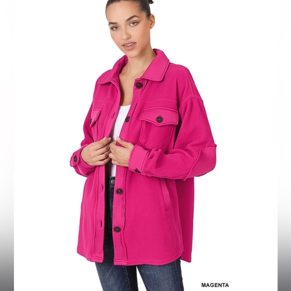 Zenana Outfitters Jackets & Blazers - Zenana All About the Fleece Lightweight Button-Down Shacket magenta medium